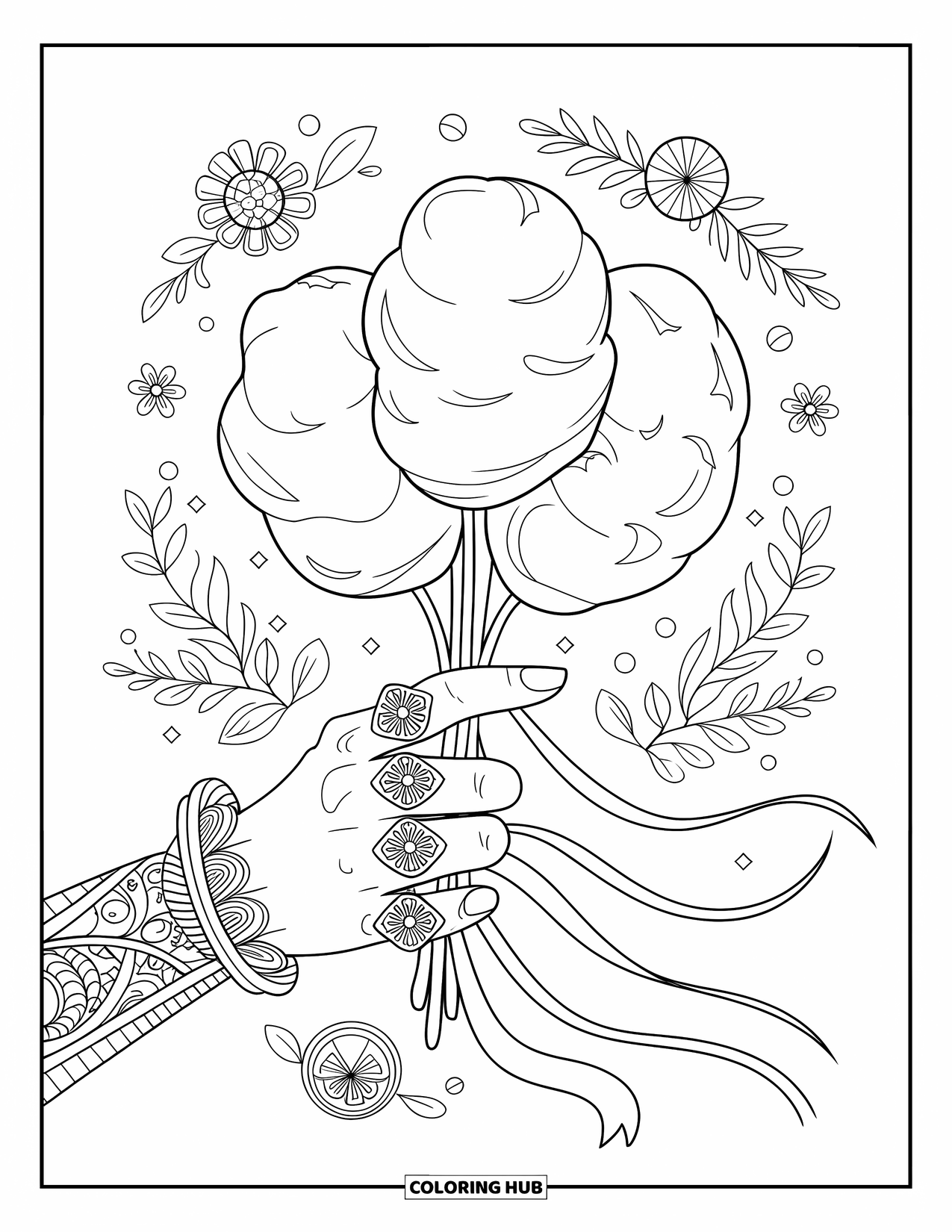 Cotton Candy Coloring Page for Adults: A cotton candy bouquet with flowing ribbons and floral elements held in a patterned hand