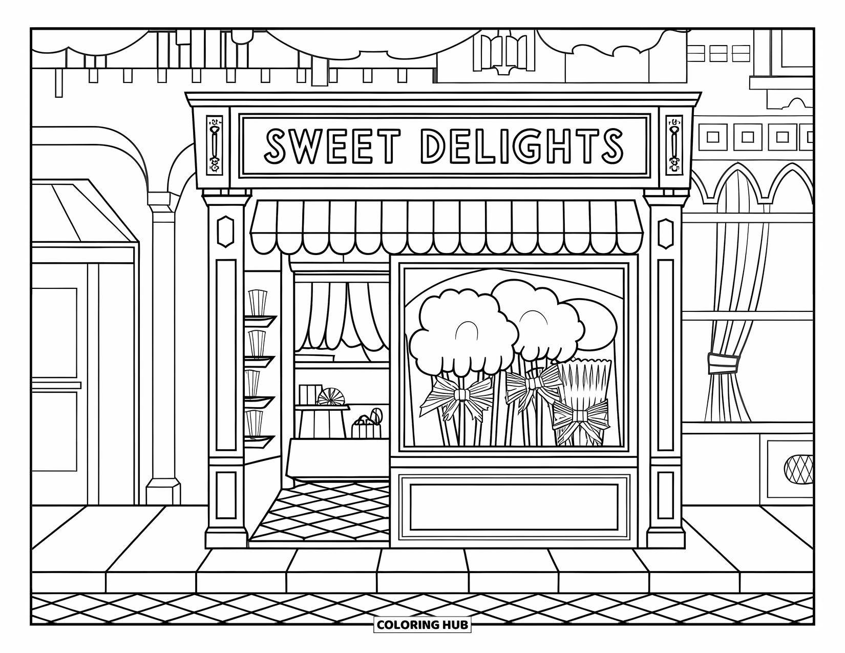 Cotton Candy Coloring Page for Adults: A cozy sweet shop scene with cotton candy, sugar sticks, and checkered floors