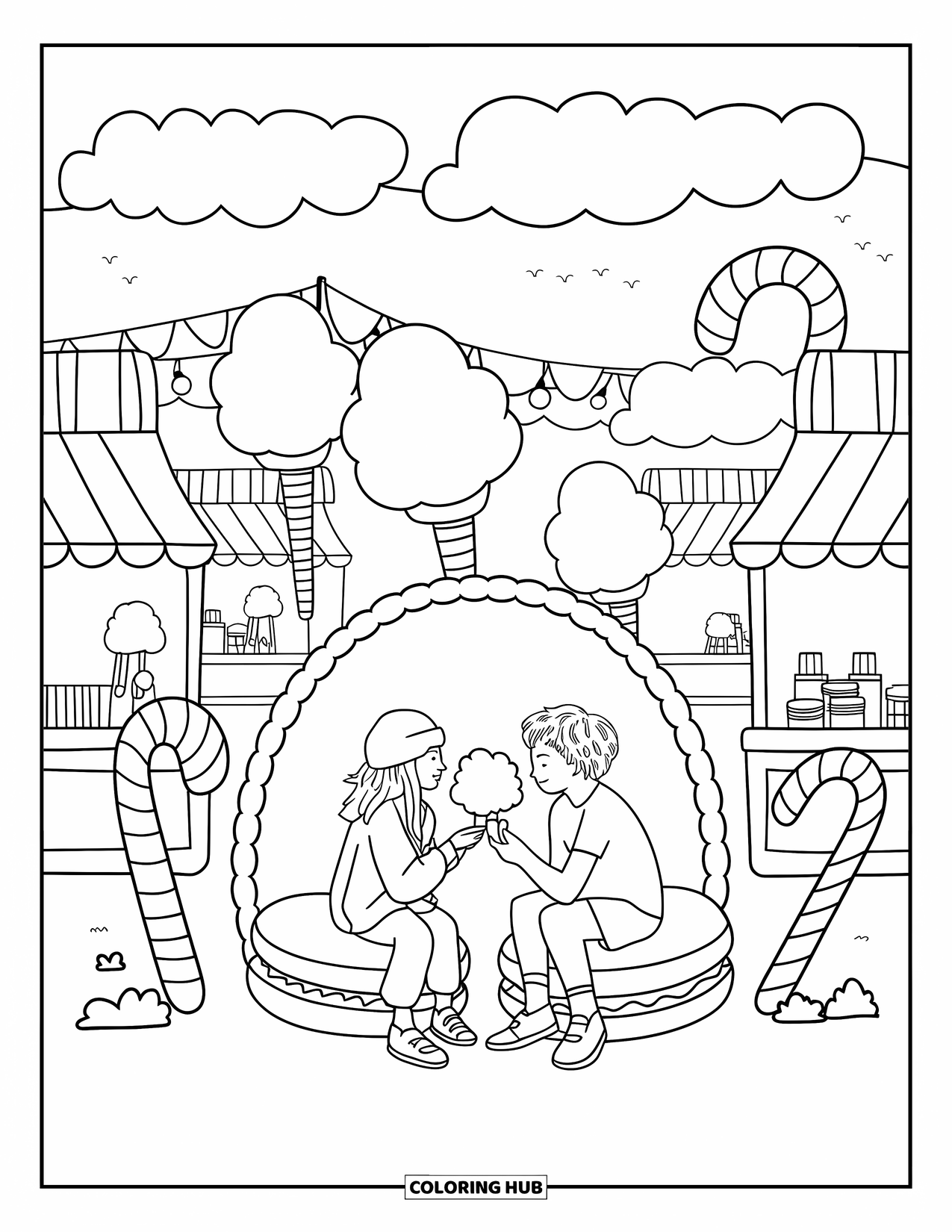 Cotton Candy Coloring Page for Adults: A dreamy night market with cotton candy stalls, sweet seats, and two kids sharing treats