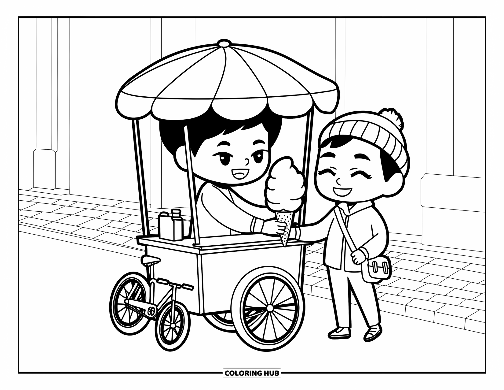 Cotton Candy Coloring Page for Adults: A happy customer receives cotton candy from a chibi vendor on a charming street