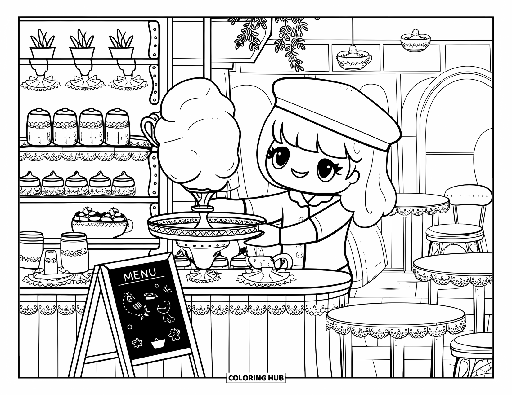 Cotton Candy Coloring Page for Adults: Chibi barista serves cotton candy in a cute café with shelves and teacup plants