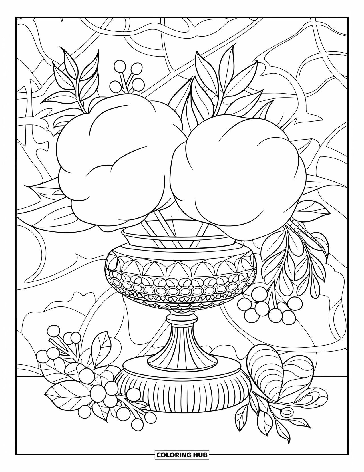 Cotton Candy Coloring Page for Adults: Cotton candy arranged in a crystal vase with leaves, berries, and a branch-filled border