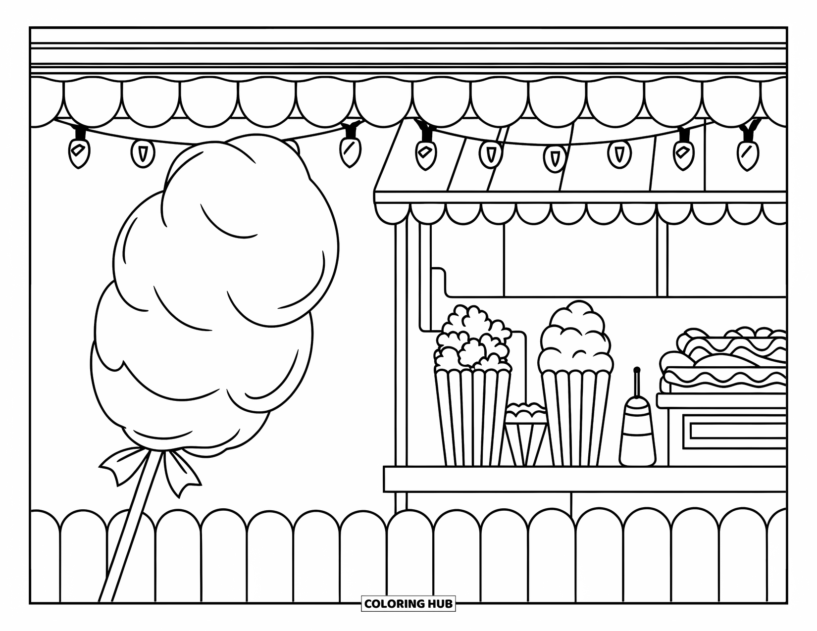 Cotton Candy Coloring Page for Kids: A big cotton candy stands near a food stall surrounded by treats and glowing lights