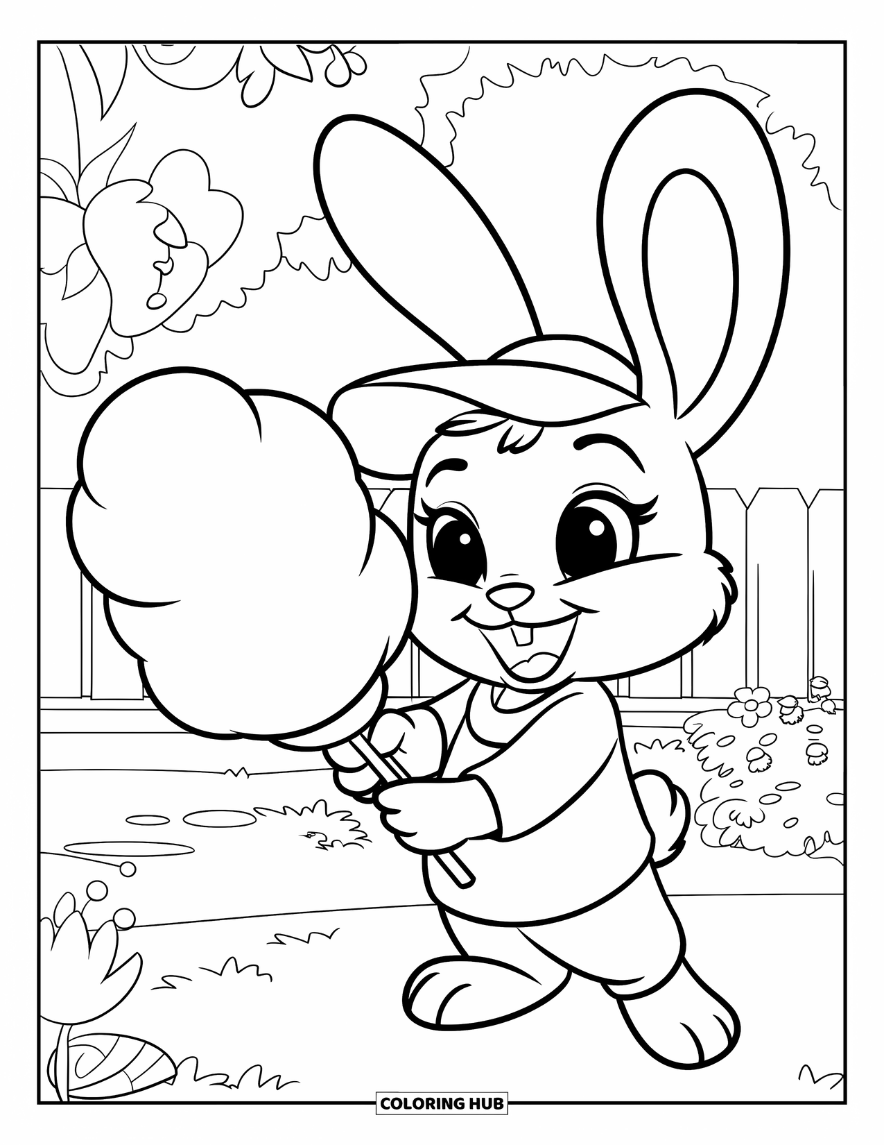 Cotton Candy Coloring Page for Kids: A cheerful bunny in a cap holds cotton candy in a garden with flowers and a fence