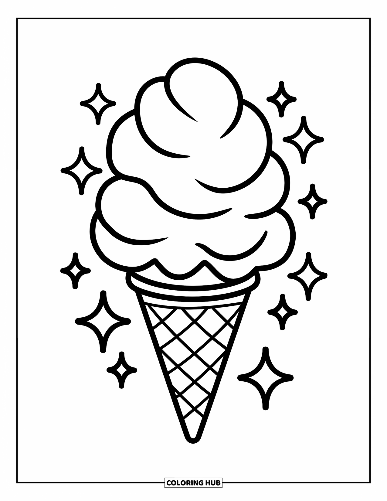 Cotton Candy Coloring Page for Kids: A cotton candy cone sparkles with stars floating gently around it