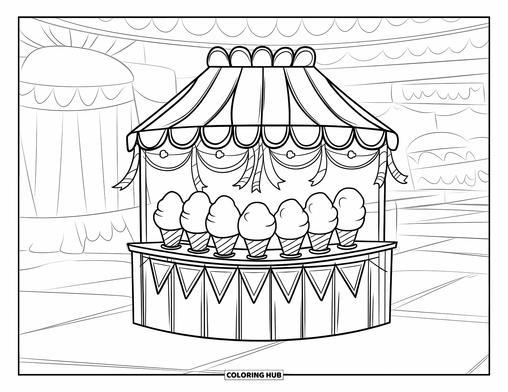 Cotton Candy Coloring Page for Kids: A cotton candy stand decorated with streamers sits at a busy fairground with attractions