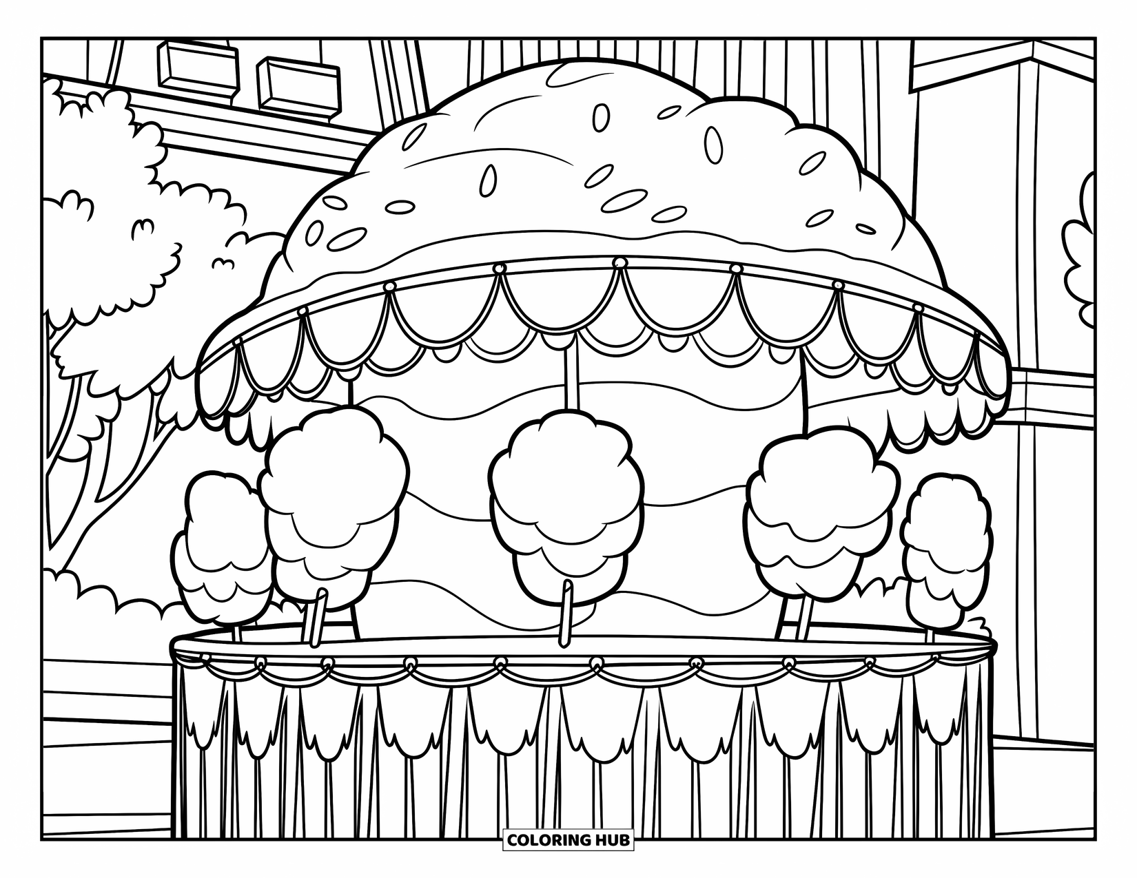 Cotton Candy Coloring Page for Kids: A cotton candy stand shaped like a puff sits under banners and streamers near trees