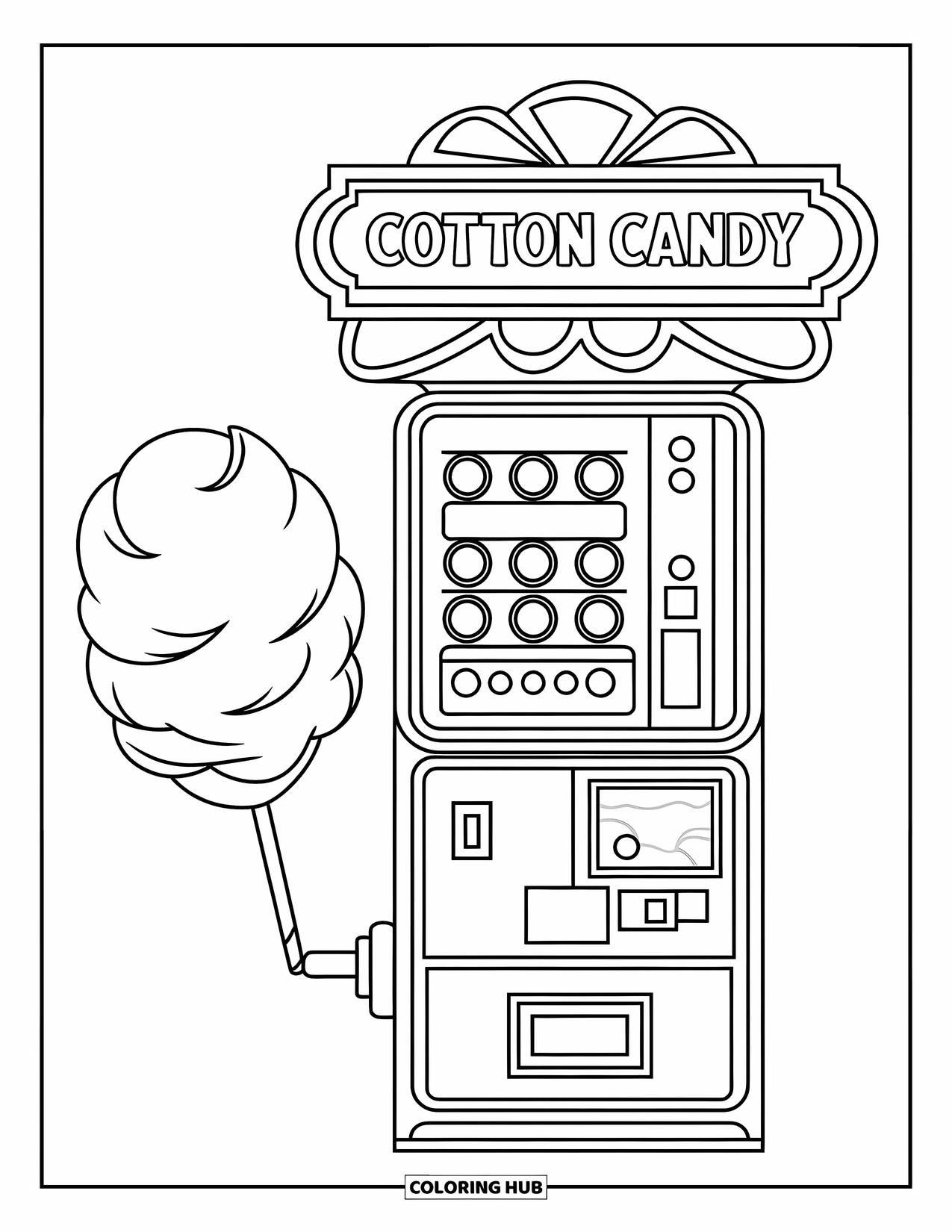 Cotton Candy Coloring Page for Kids: A cotton candy vending machine stands alone with buttons and a sign on top