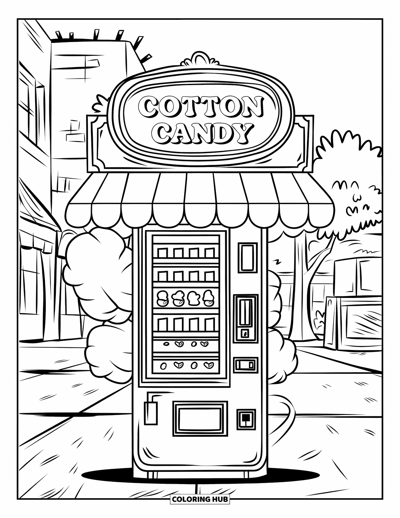 Cotton Candy Coloring Page for Kids: A cotton candy vending machine stands on a sidewalk near buildings and trees