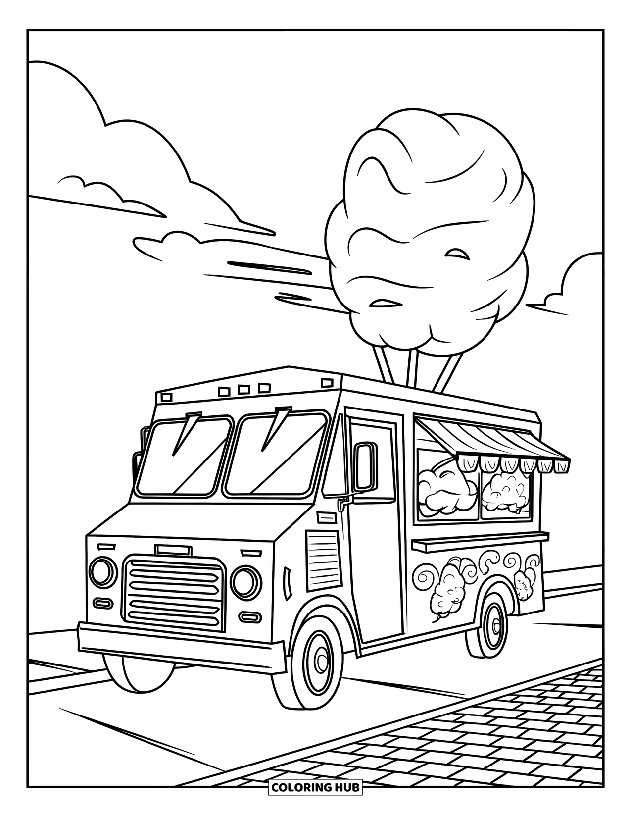 Cotton Candy Coloring Page for Kids: A fun cotton candy truck with a giant treat on top sits under clouds and sky