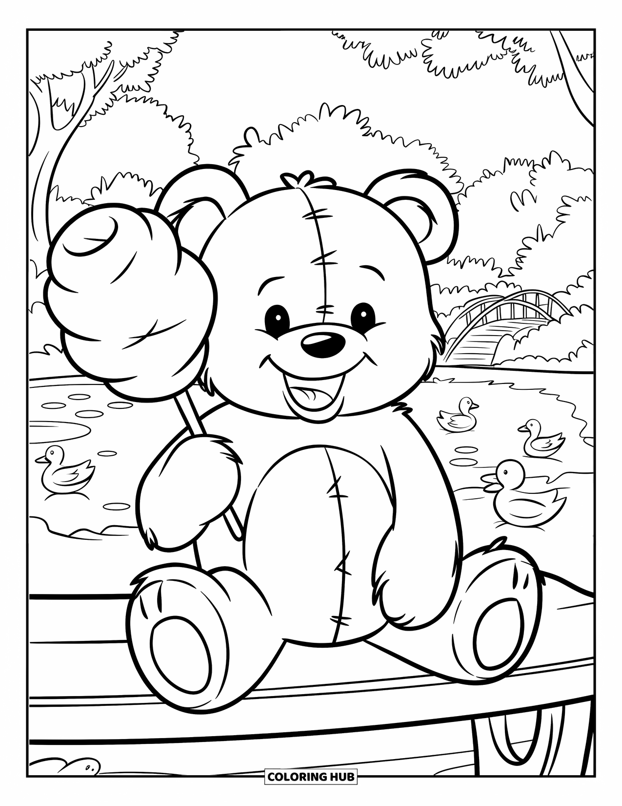 Cotton Candy Coloring Page for Kids: A happy teddy bear holds cotton candy while sitting on a park bench near a pond