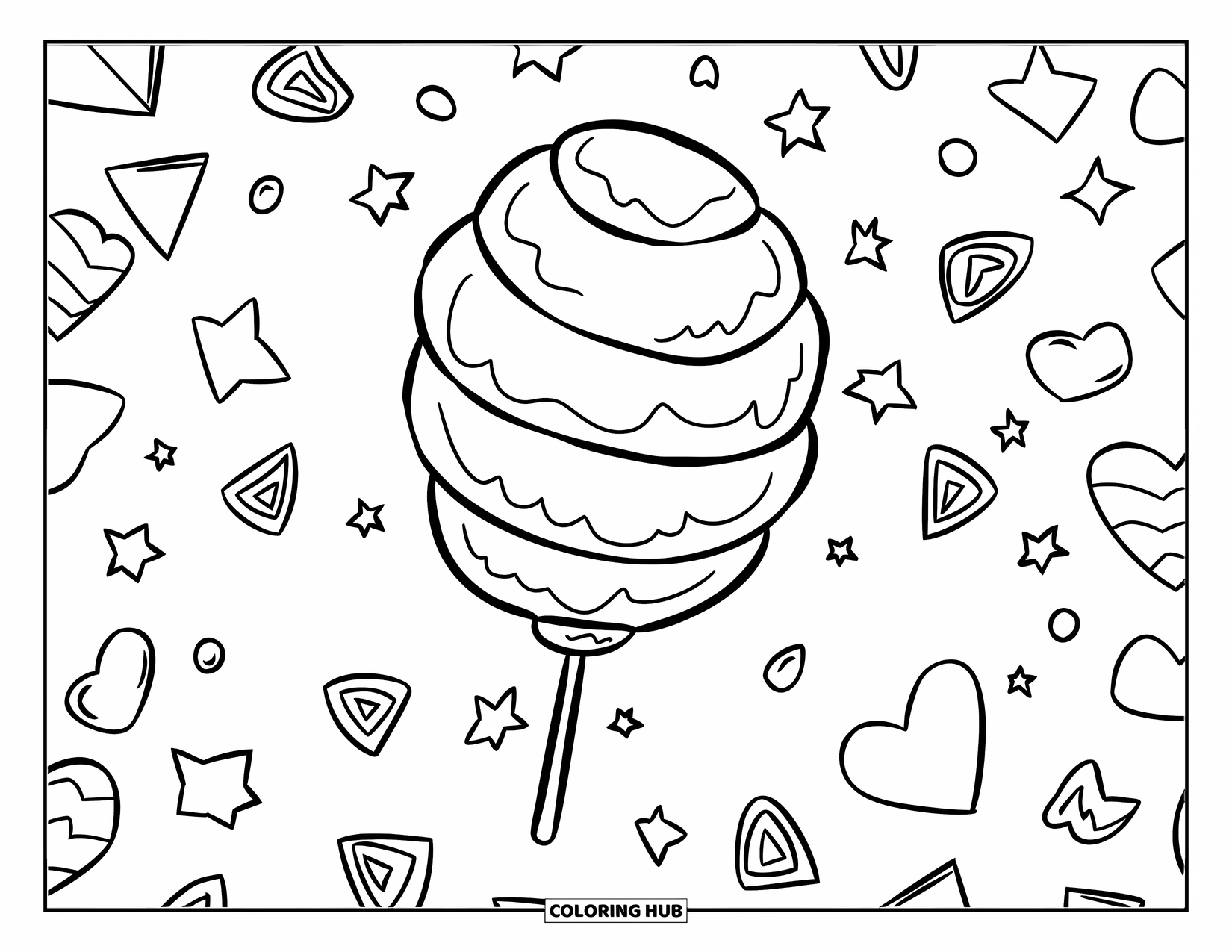 Cotton Candy Coloring Page for Kids: A large, swirled cotton candy is surrounded by playful confetti stars and hearts