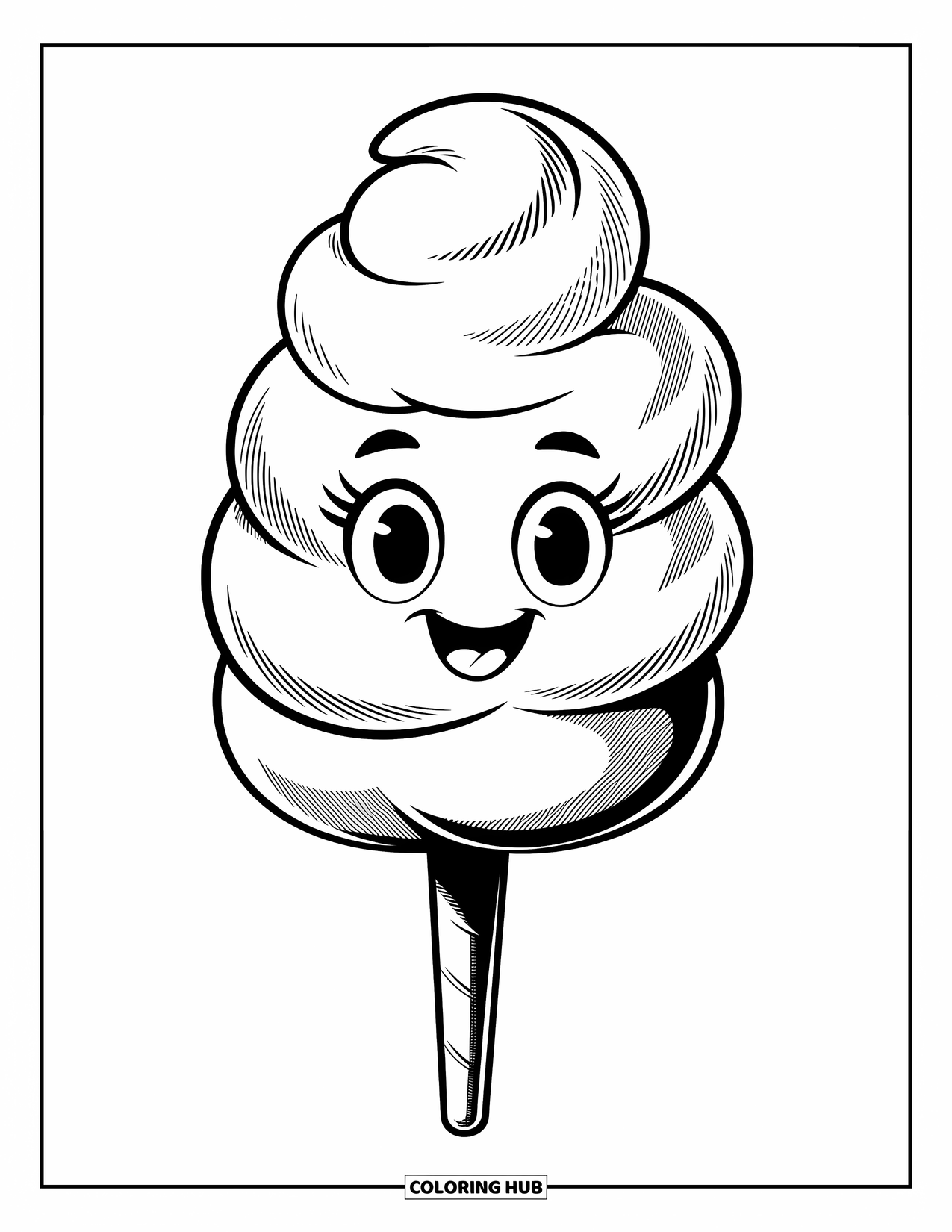 Cotton Candy Coloring Page for Kids: A smiling cotton candy sits in the center with a friendly expression