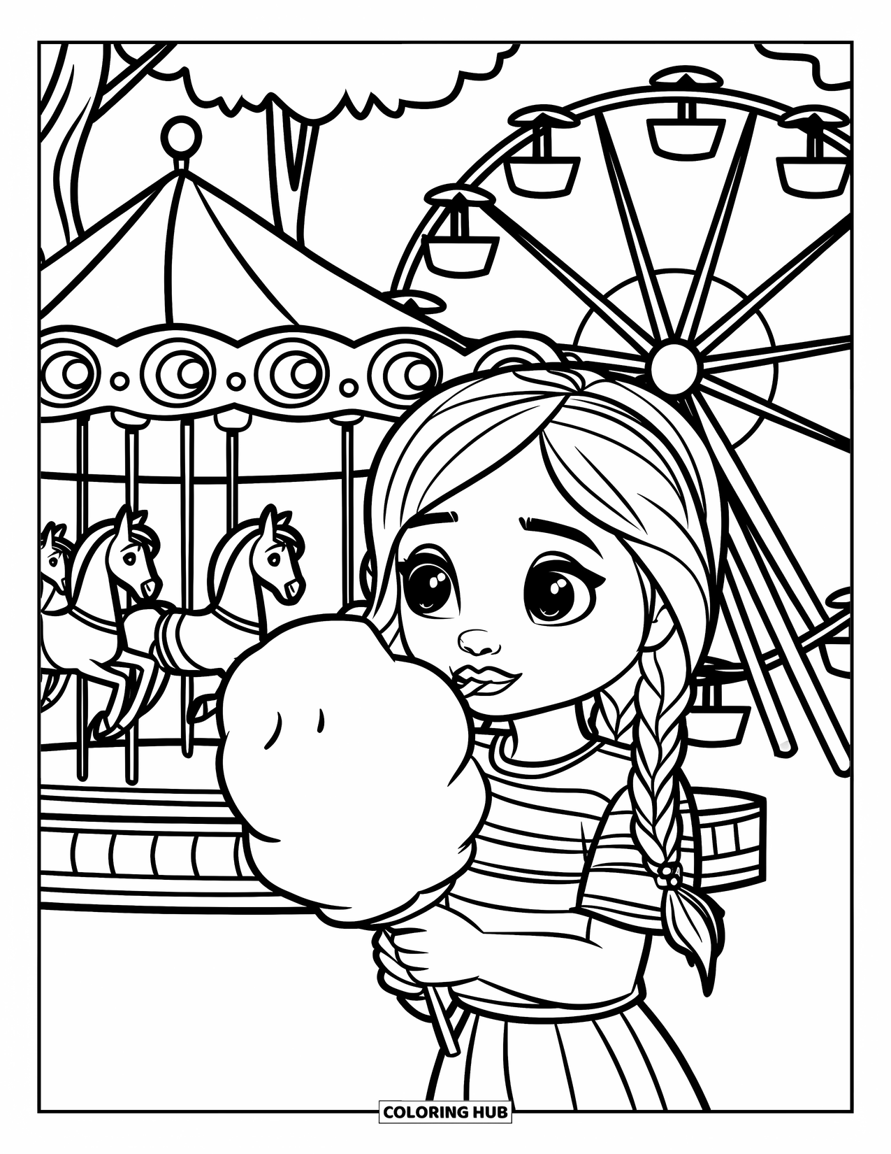 Cotton Candy Coloring Page for Kids: A smiling girl eats cotton candy in front of carnival rides and horse carousels