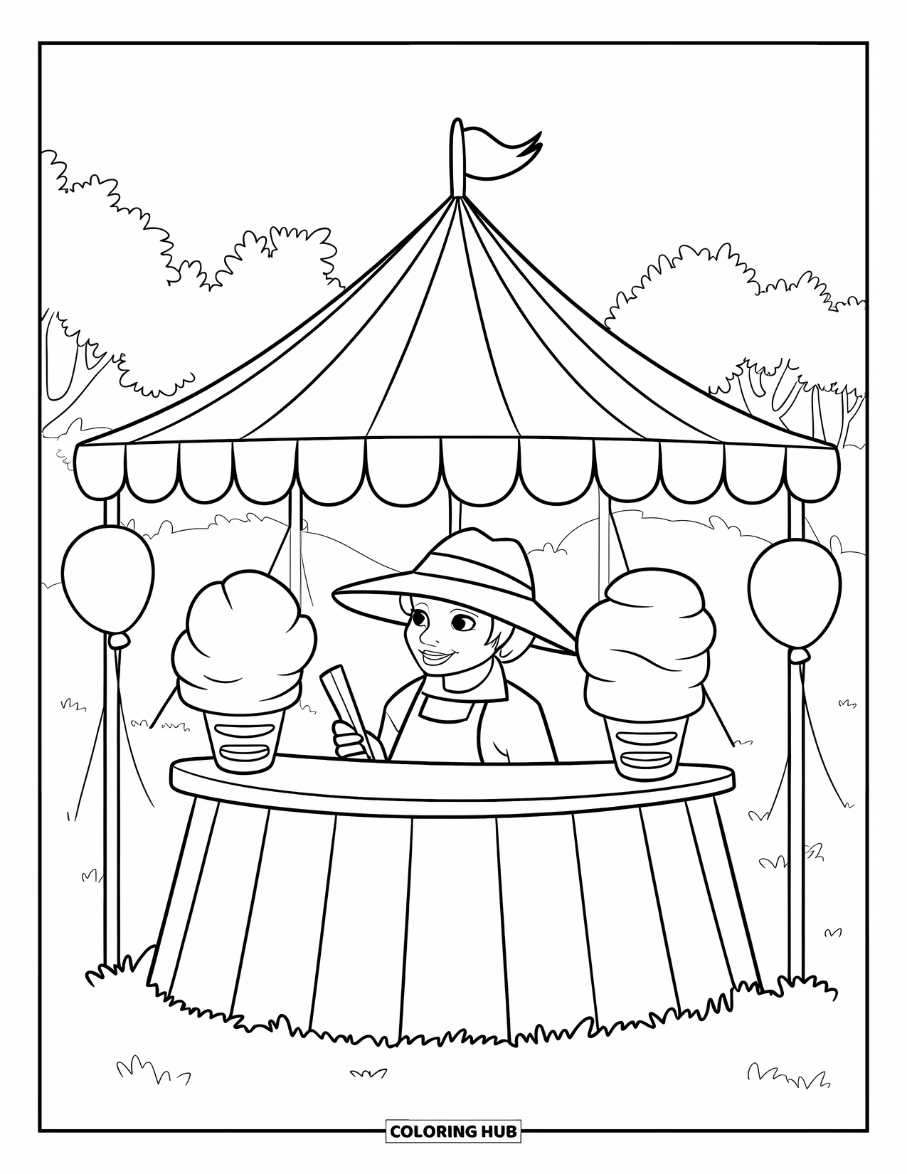 Cotton Candy Coloring Page for Kids: A smiling vendor offers cotton candy under a tent with balloons on a grassy field