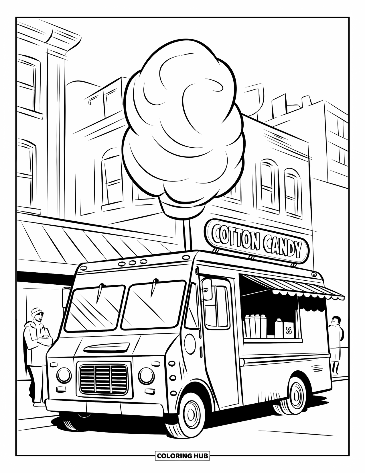 Cotton Candy Coloring Page for Kids: A stylized cotton candy truck stands near people and buildings on a city street