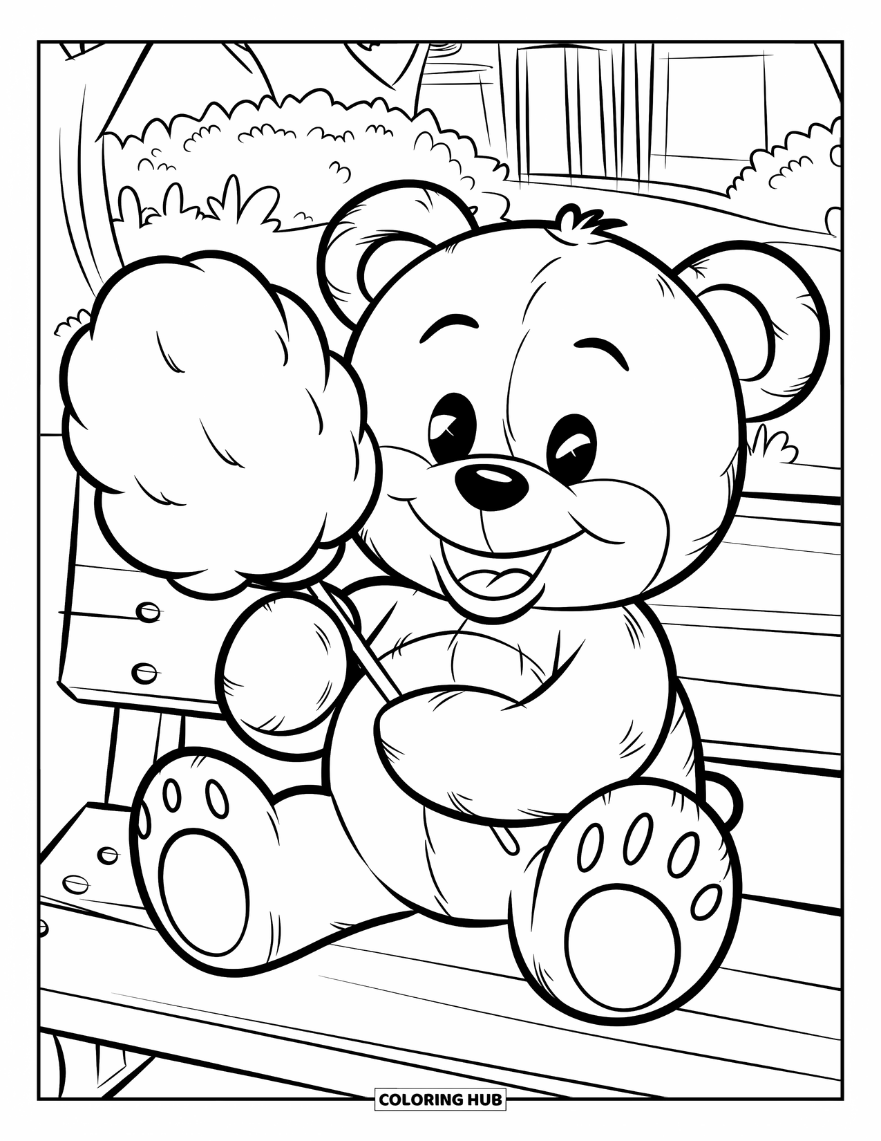 Cotton Candy Coloring Page for Kids: A teddy bear with a big smile holds cotton candy near trees and a nearby building