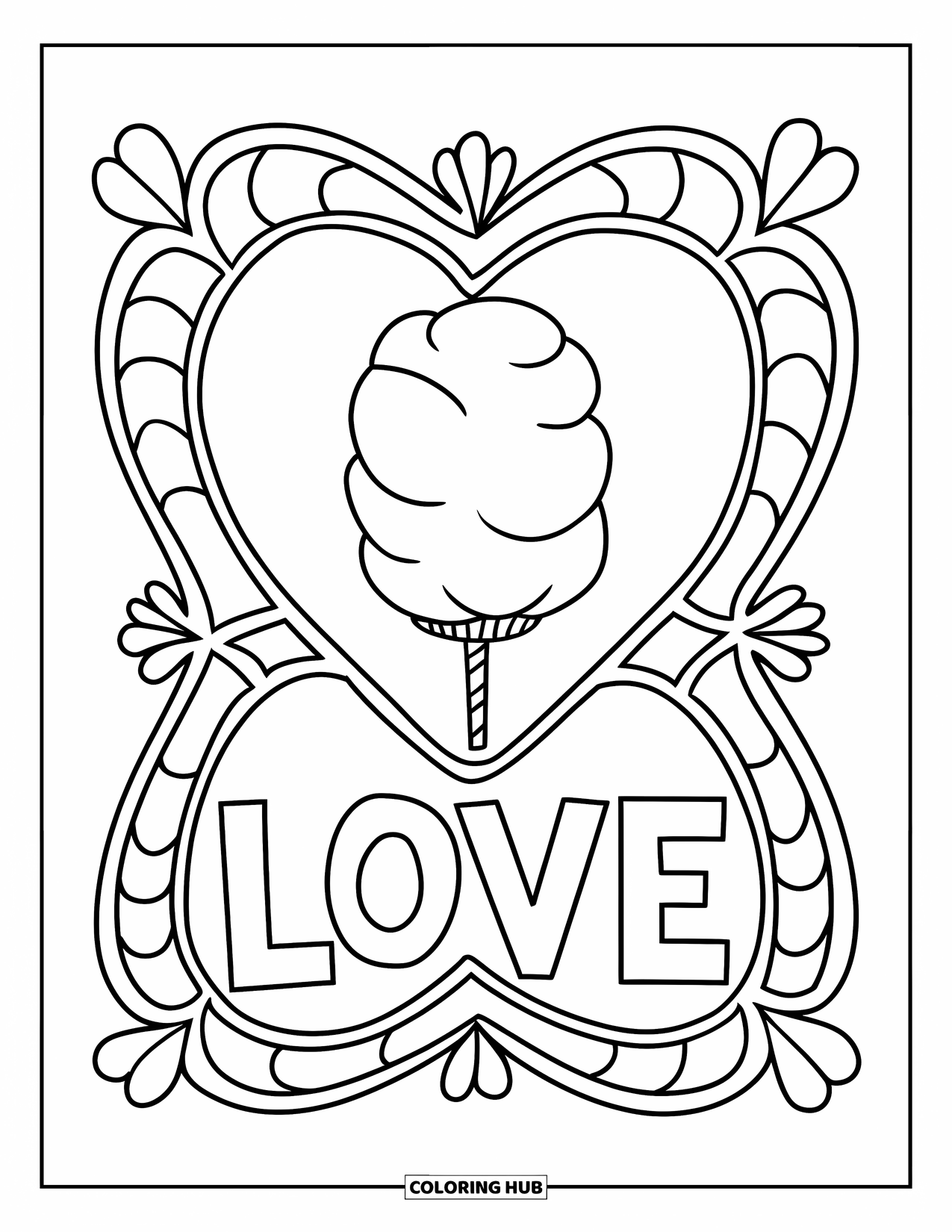 Cotton Candy Coloring Page for Kids: Cotton candy sits in a heart-shaped frame with the word "Love" written on it