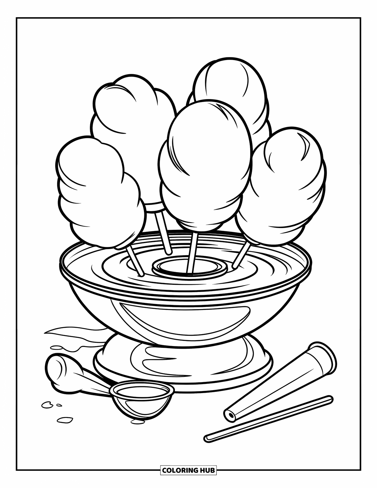 Cotton Candy Coloring Page for Kids: Cotton candy spins in a round machine with tools nearby on the counter