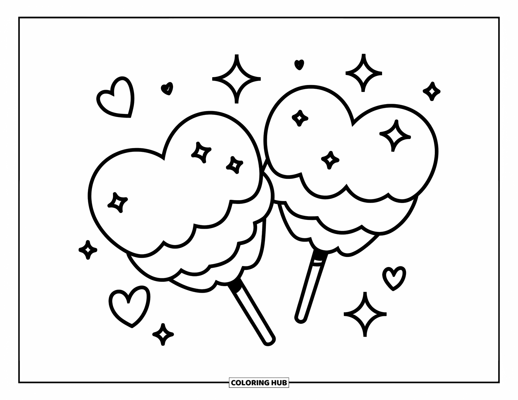 Cotton Candy Coloring Page for Kids: Two cotton candy hearts sparkle with small hearts floating all around