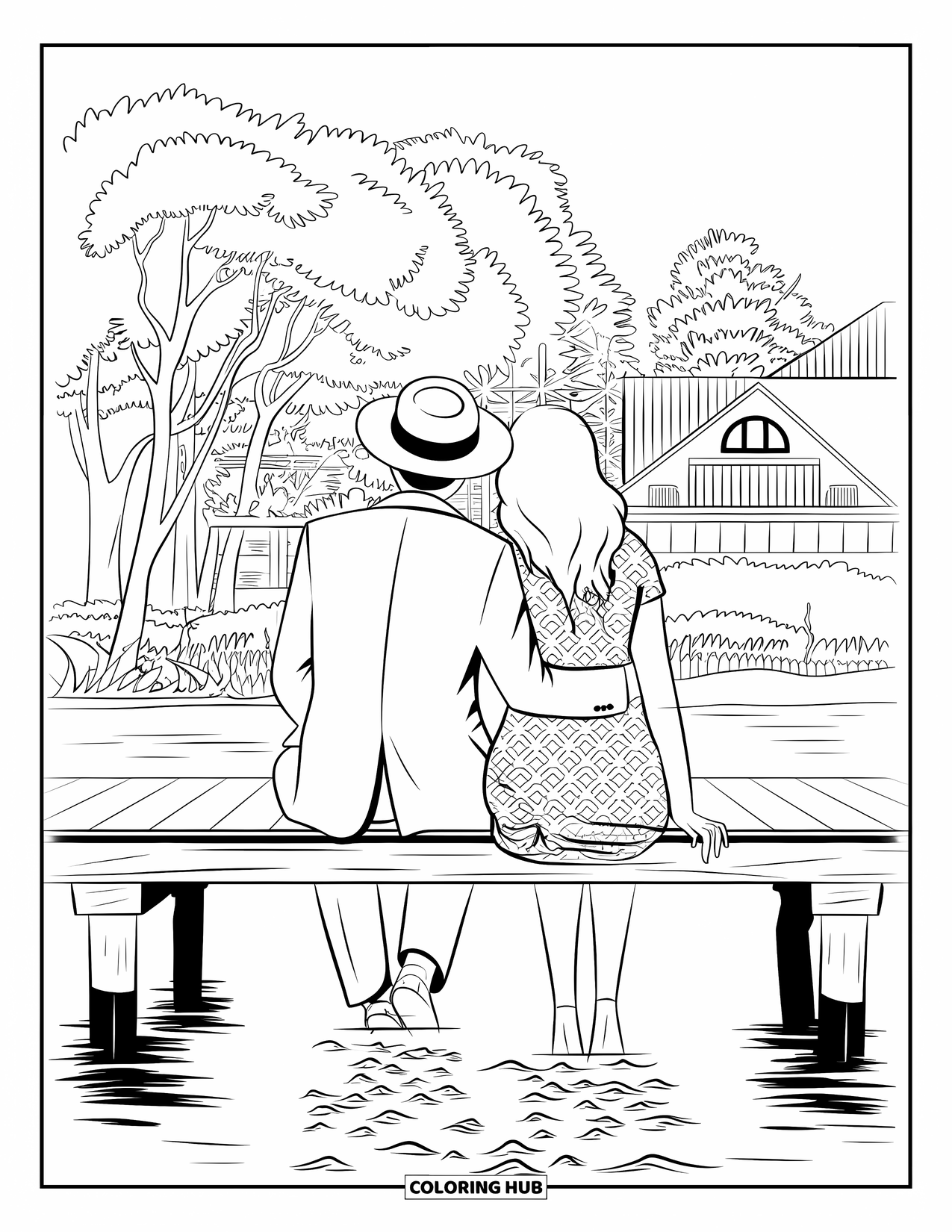 Couple Coloring Page for Adults: A couple sits on a dock, feet touching the water, with trees and a building behind them