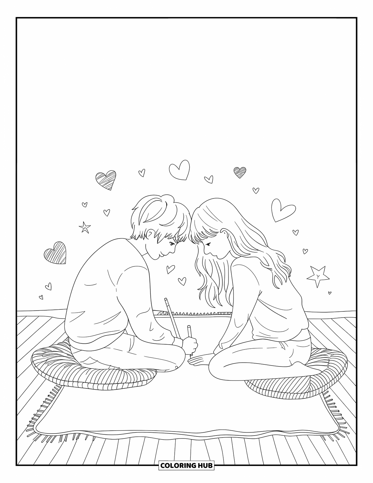 Couple Coloring Page for Adults: A couple sits on cushions, drawing together with tiny hearts and stars around them