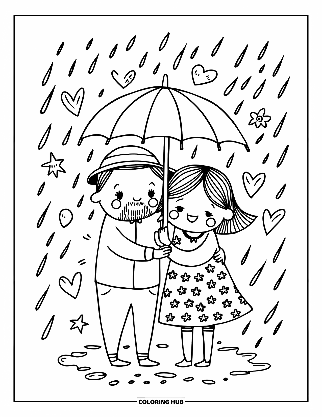 Couple Coloring Page for Adults: A couple stands close under an umbrella with hearts, stars, and gentle rain around them