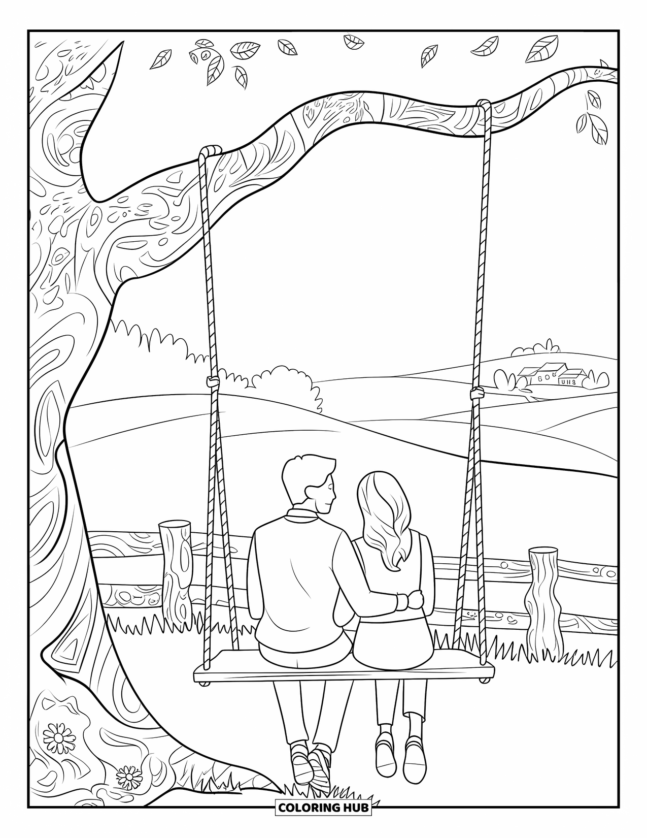 Couple Coloring Page for Adults: A couple swings beneath a tree, surrounded by flowers, hills, and a rustic fence