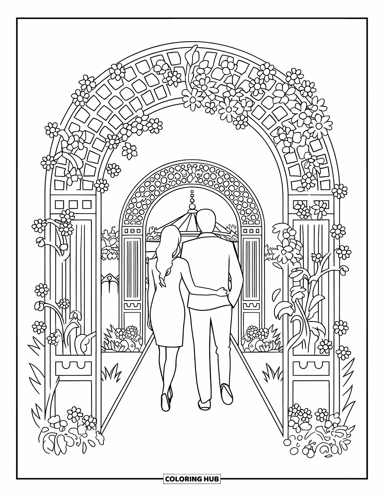 Couple Coloring Page for Adults: A couple walks beneath a flower-covered trellis with a pavilion and lush garden behind