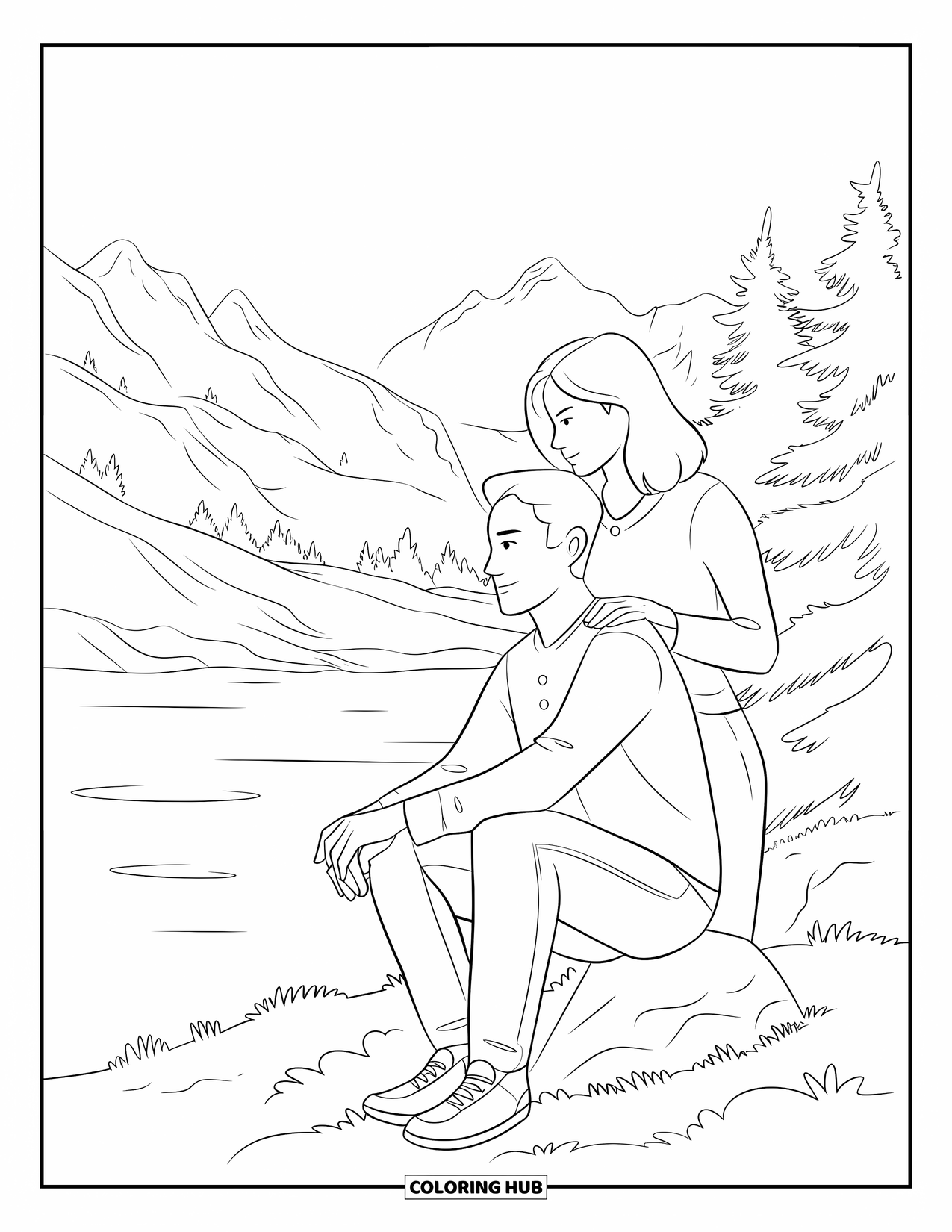 Couple Coloring Page for Adults: He sits on a rock as she stands behind him, beside a lake and mountains