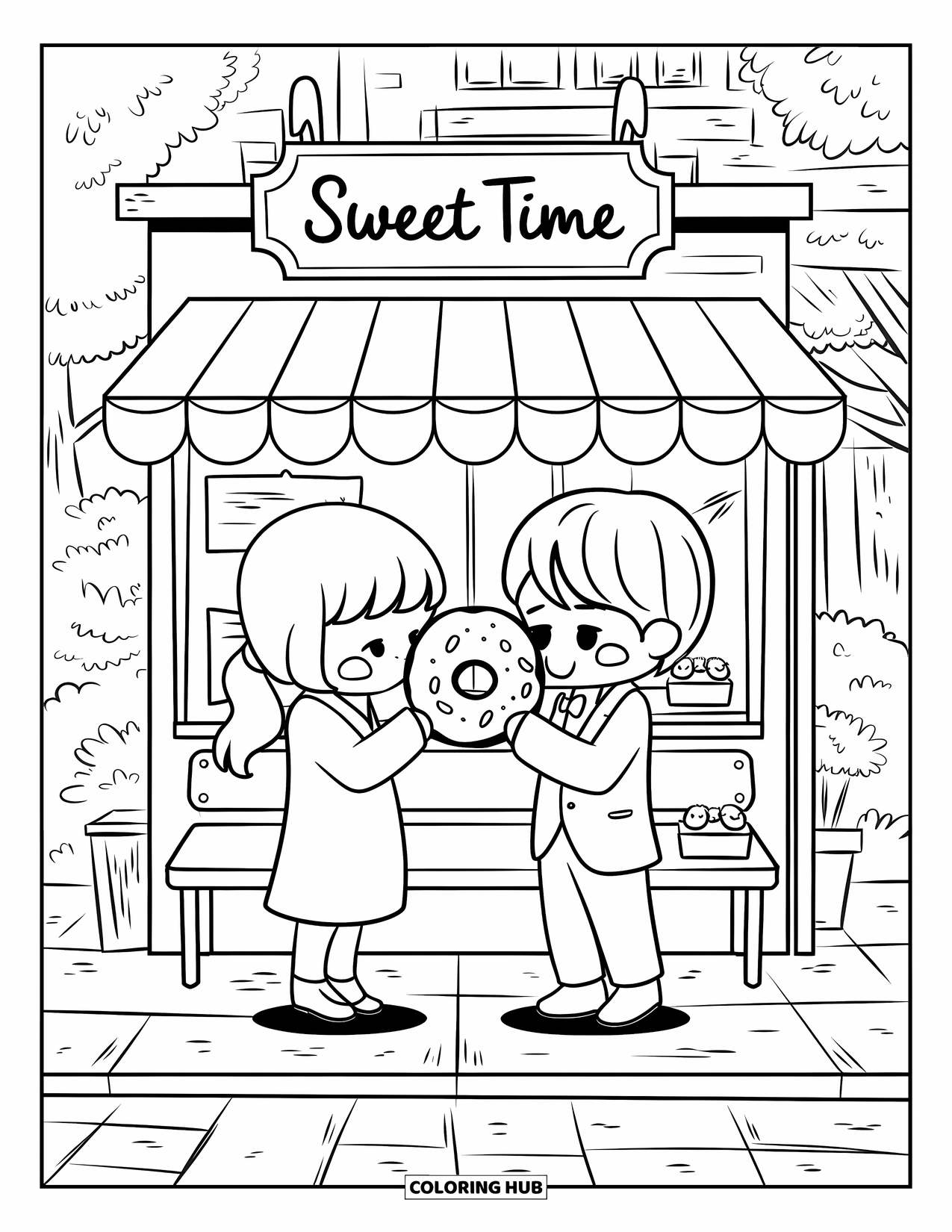 Couple Coloring Page for Adults: They enjoy a donut together beneath a cozy cafÈ awning with playful little details