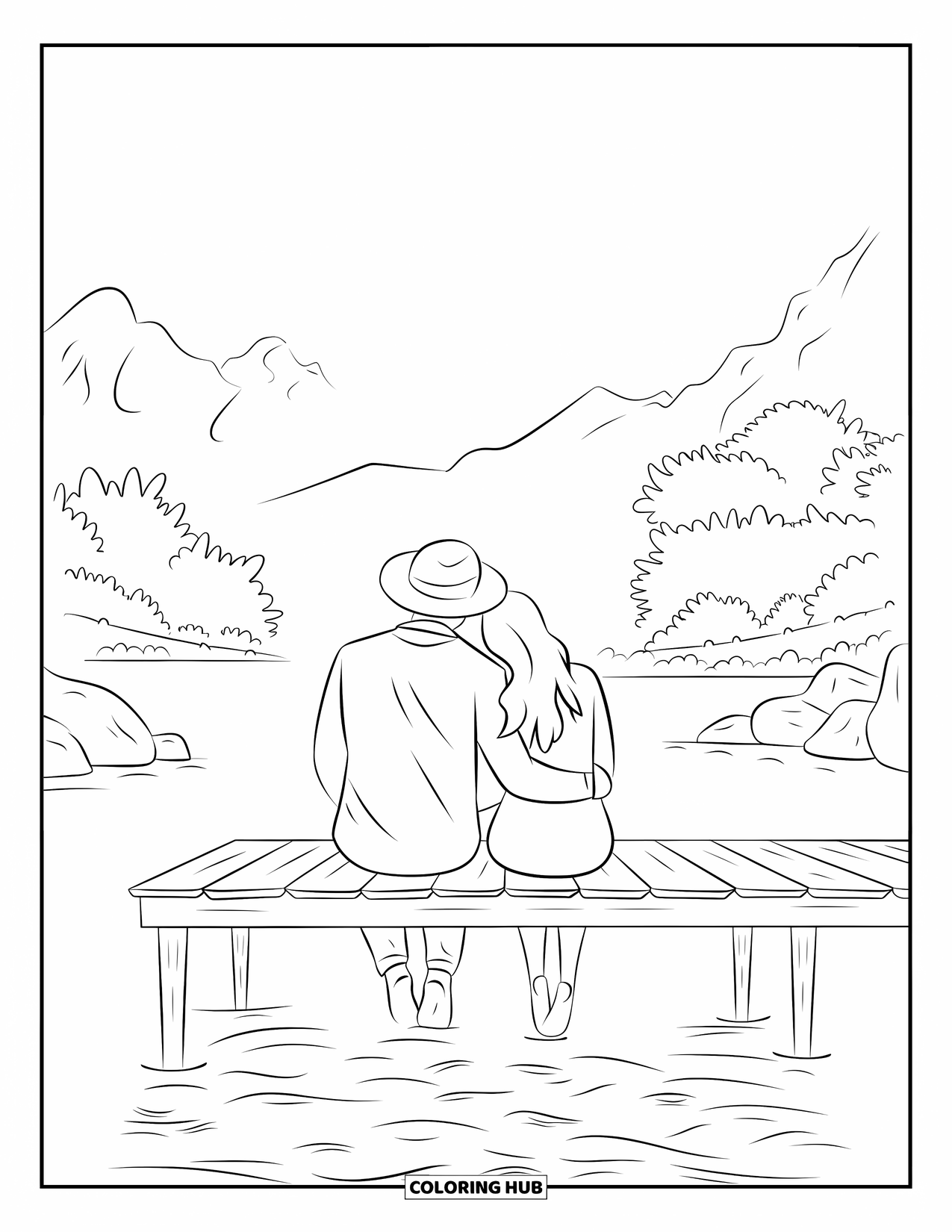 Couple Coloring Page for Adults: They sit close on a wooden dock, surrounded by trees, rocks, and distant mountains