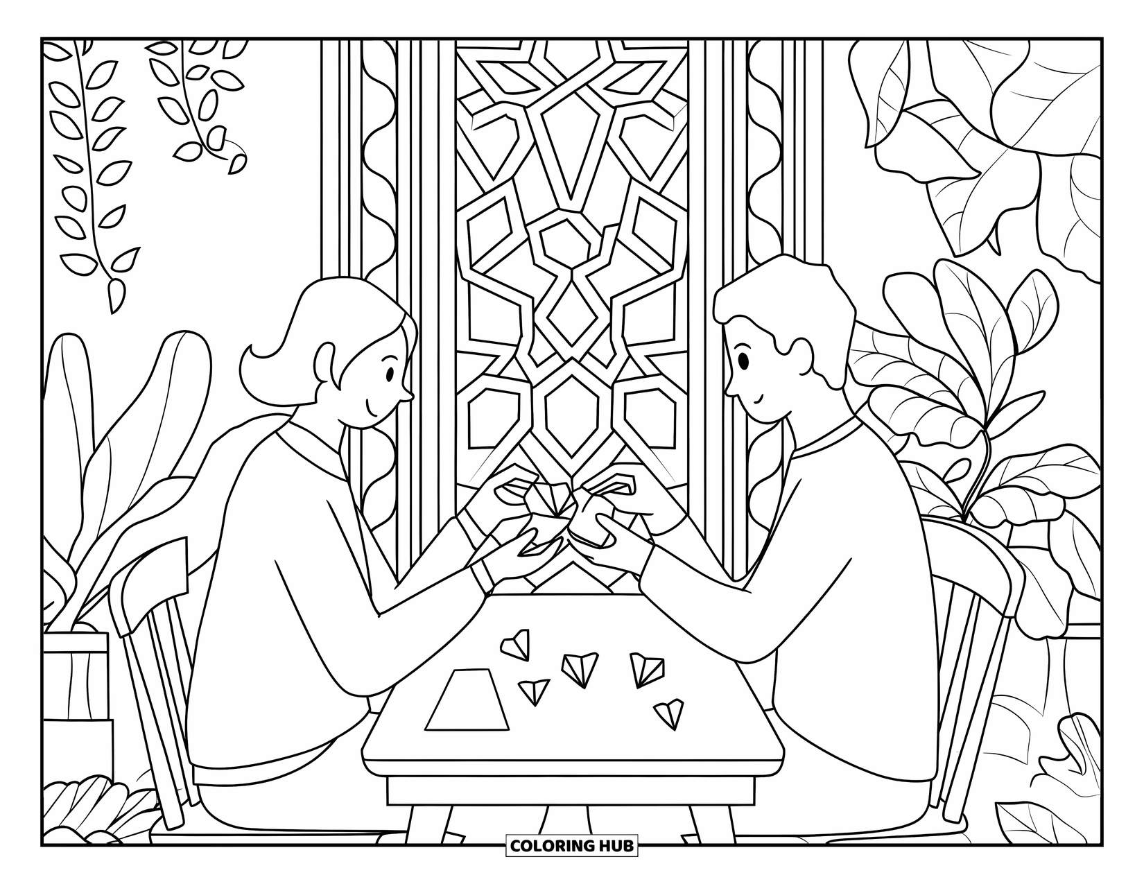 Couple Coloring Page for Adults: They sit exchanging heart-shaped origami in a cozy room with chairs and leafy decor