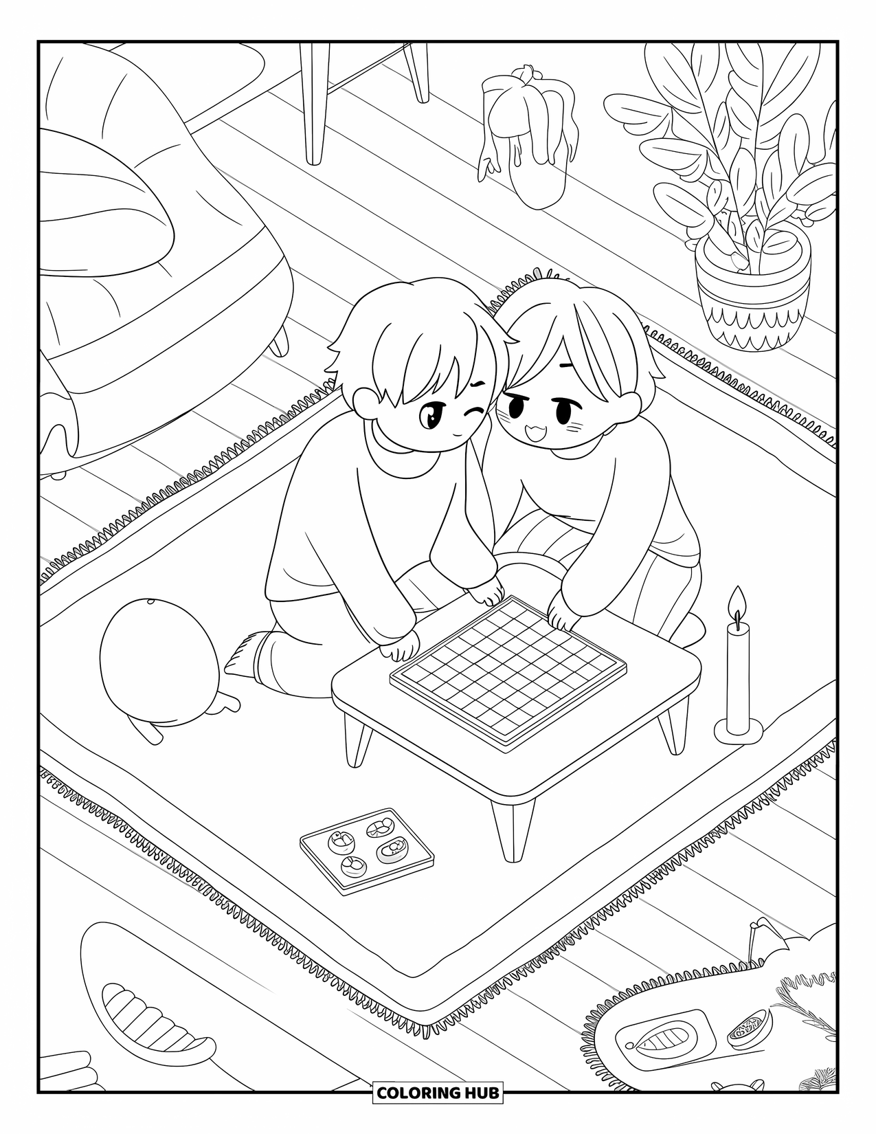 Couple Coloring Page for Adults: They sit together playing a game in a cozy room with cute little details