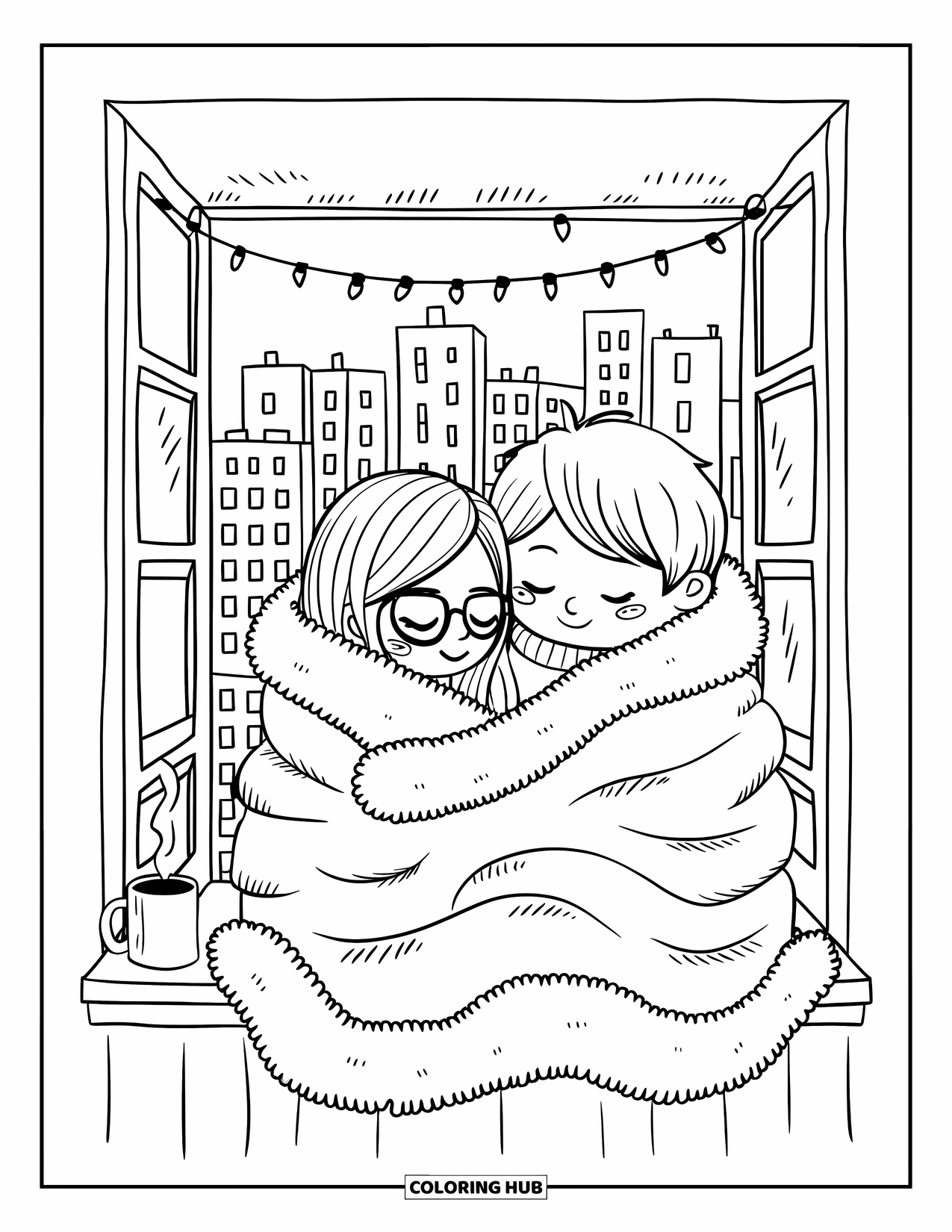 Couple Coloring Page for Adults: They sit wrapped in a blanket by the window with city lights and a cozy vibe