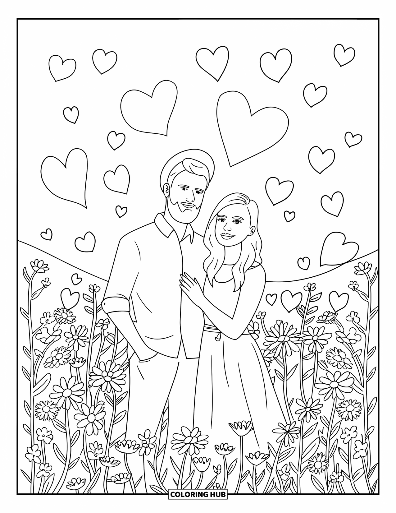 Couple Coloring Page for Adults: They stand in wildflowers with hearts above, surrounded by a vast blooming field