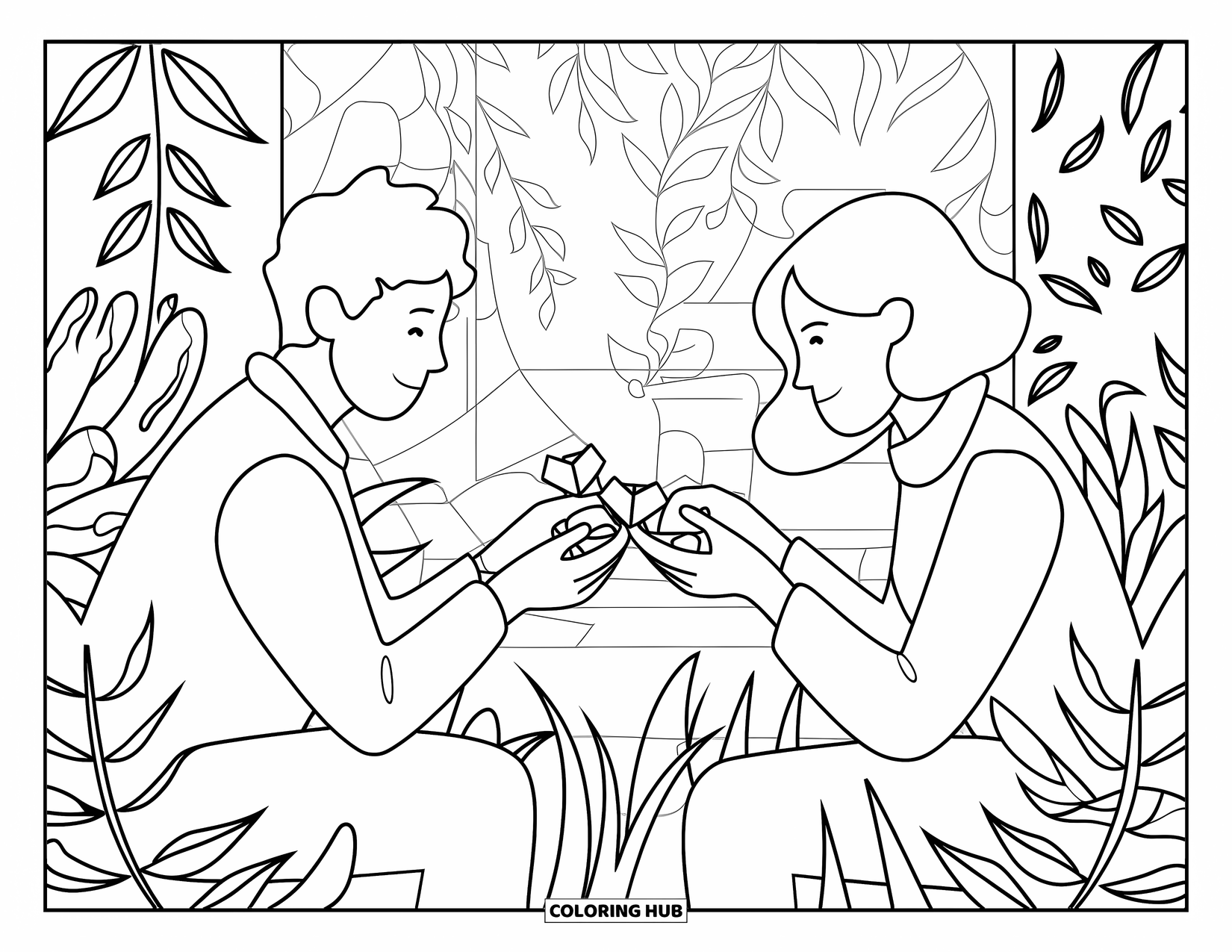 Couple Coloring Page for Adults: Two people exchange tiny origami hearts in a room full of leafy plants