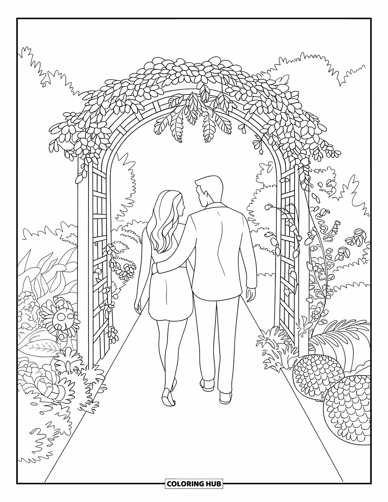 Couple Coloring Page for Adults: Two people walk under a floral trellis along a garden path filled with plants