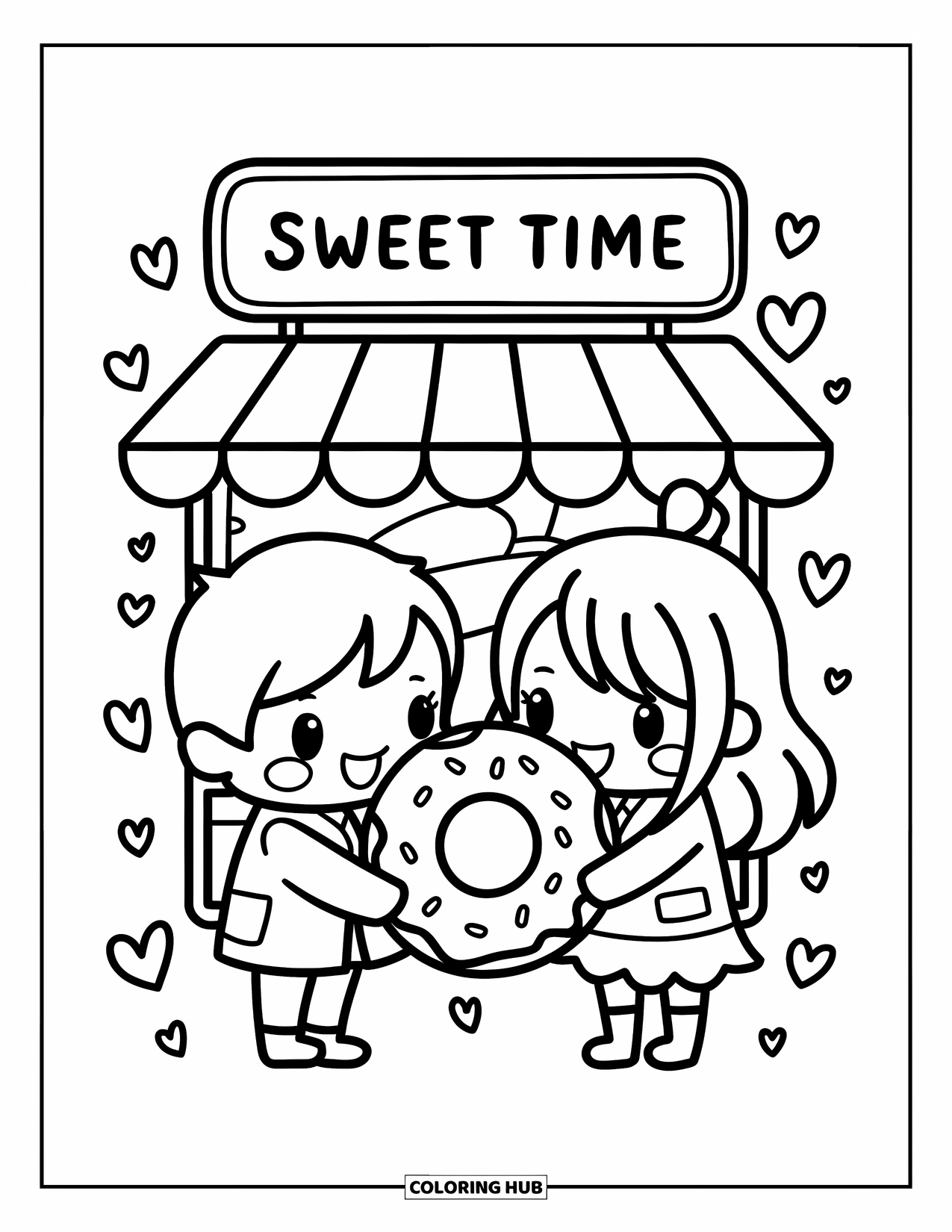 Couple Coloring Page for Adults: Two smiling characters share a big donut near a cafÈ filled with tiny cute elements