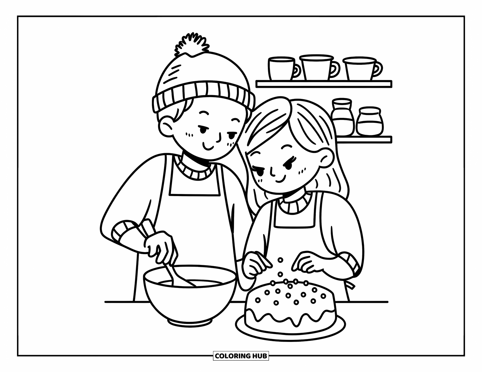 Couple Coloring Page for Adults: Wearing aprons, they bake together in a warm kitchen filled with tiny details