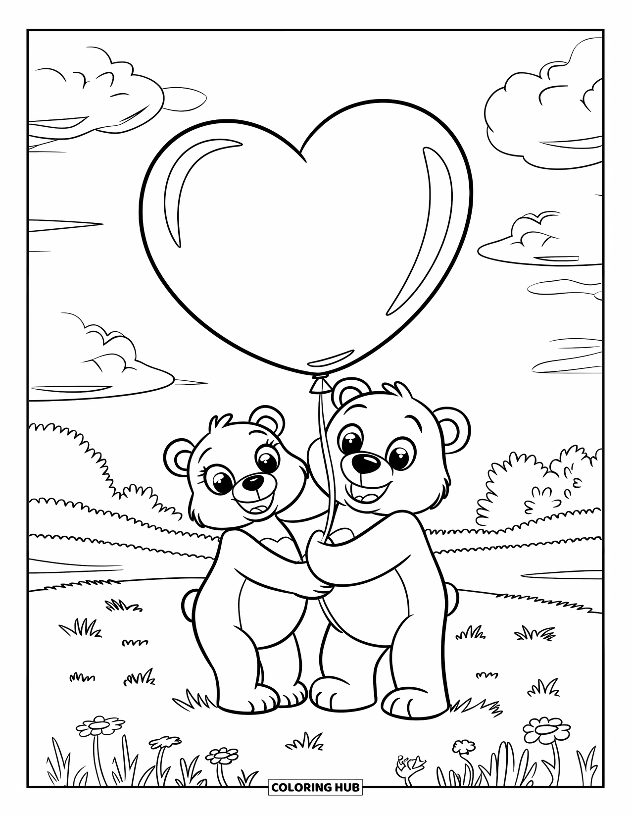 Couple Coloring Page for Kids: A bear couple holds a giant heart balloon in a field with flowers and trees