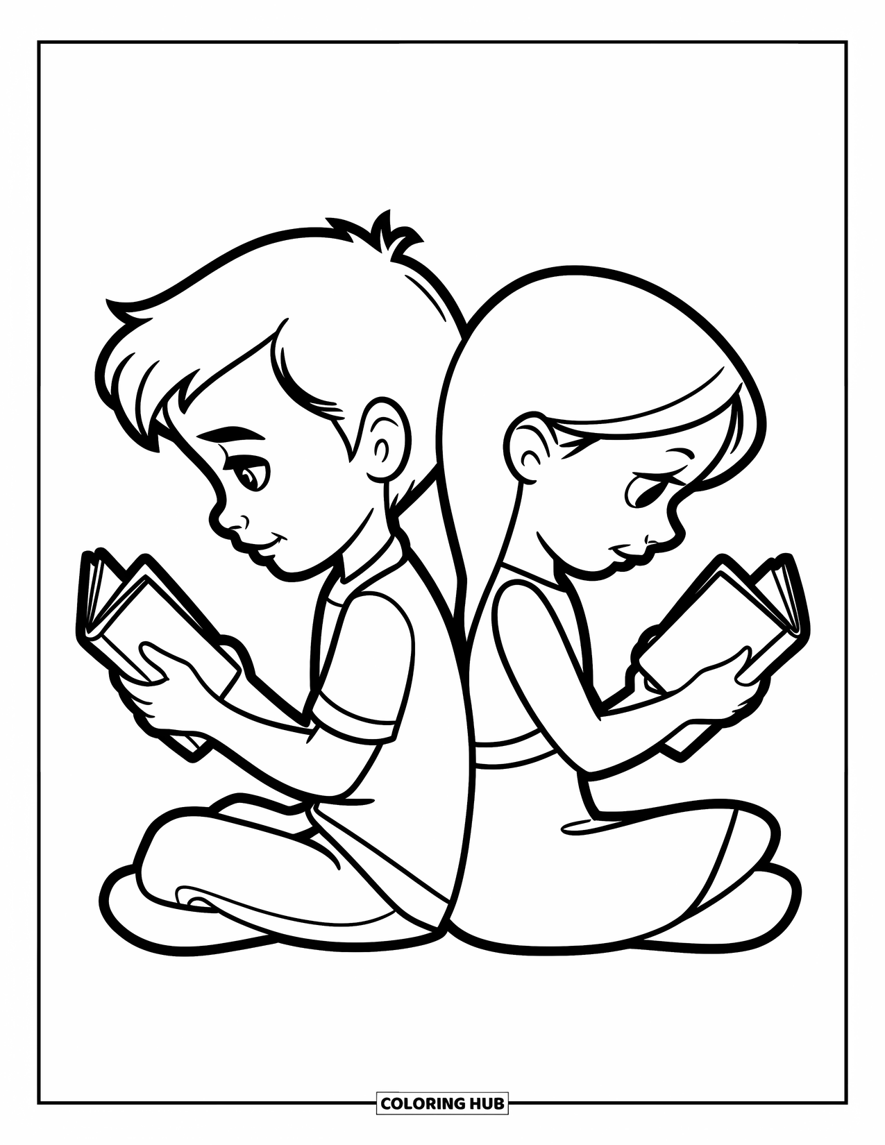 Couple Coloring Page for Kids: A boy and girl sit back-to-back reading books in a peaceful setting