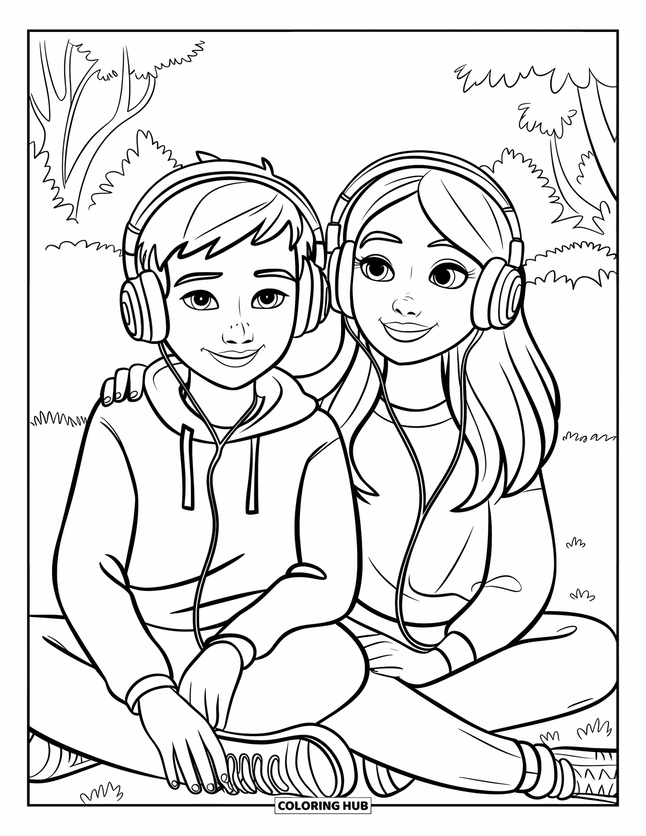 Couple Coloring Page for Kids: A boy and girl sit together wearing headphones and listening to music