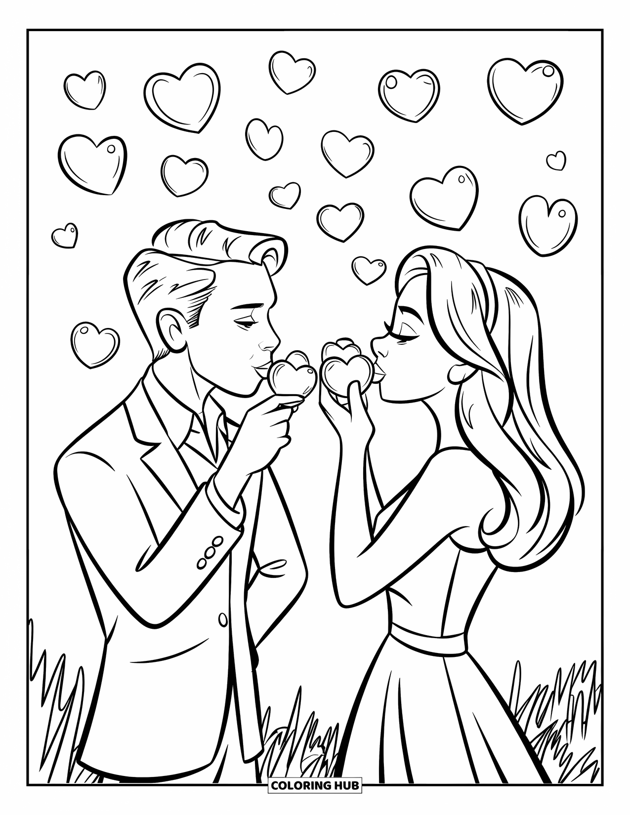 Couple Coloring Page for Kids: A couple blows heart bubbles while standing in a grassy field together