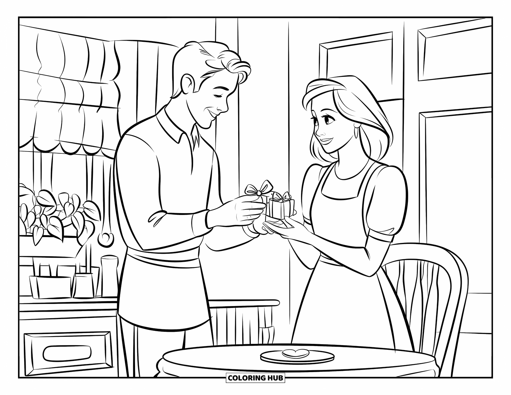 Couple Coloring Page for Kids: A couple shares a gift in a cozy kitchen with a heart-shaped cookie on the table