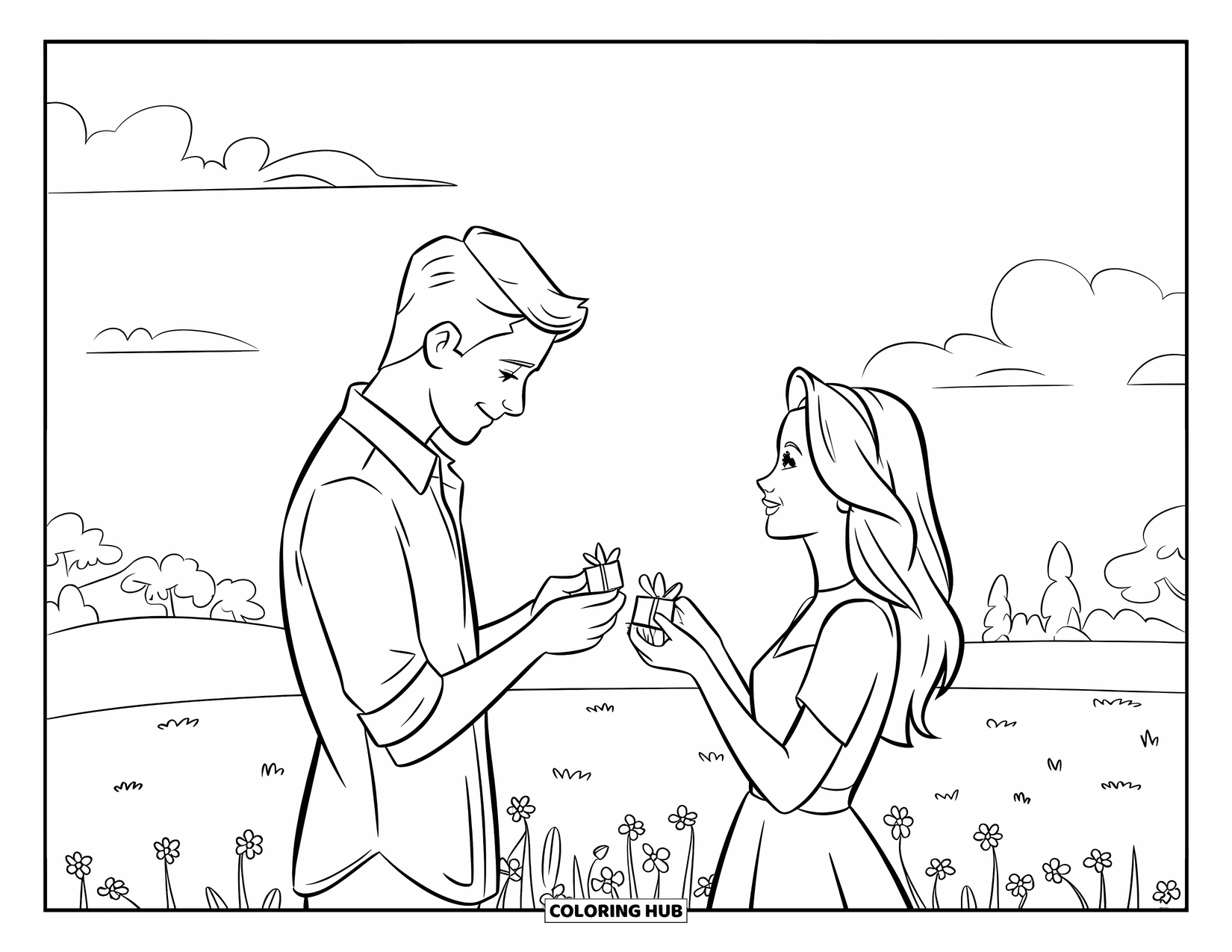 Couple Coloring Page for Kids: A couple shares small gifts in a grassy field with flowers and trees