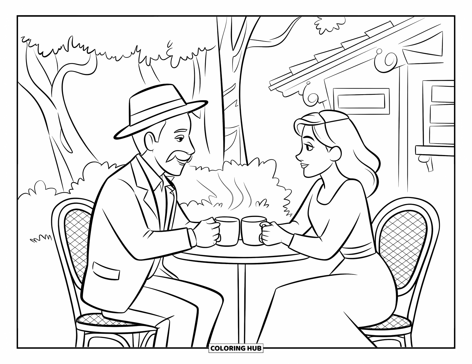 Couple Coloring Page for Kids: A couple sips from mugs at a café table with trees and a building behind them