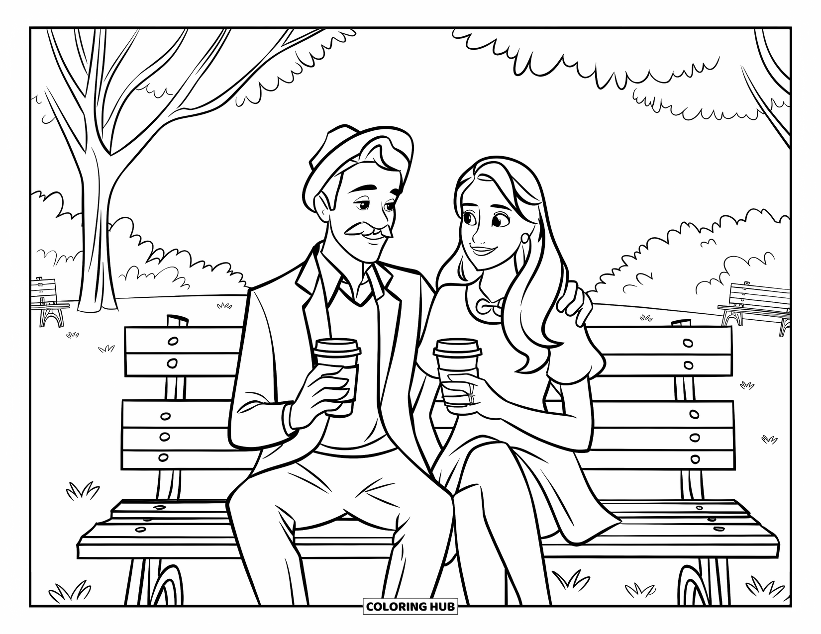 Couple Coloring Page for Kids: A couple sits on a bench with coffee cups in a peaceful park with trees