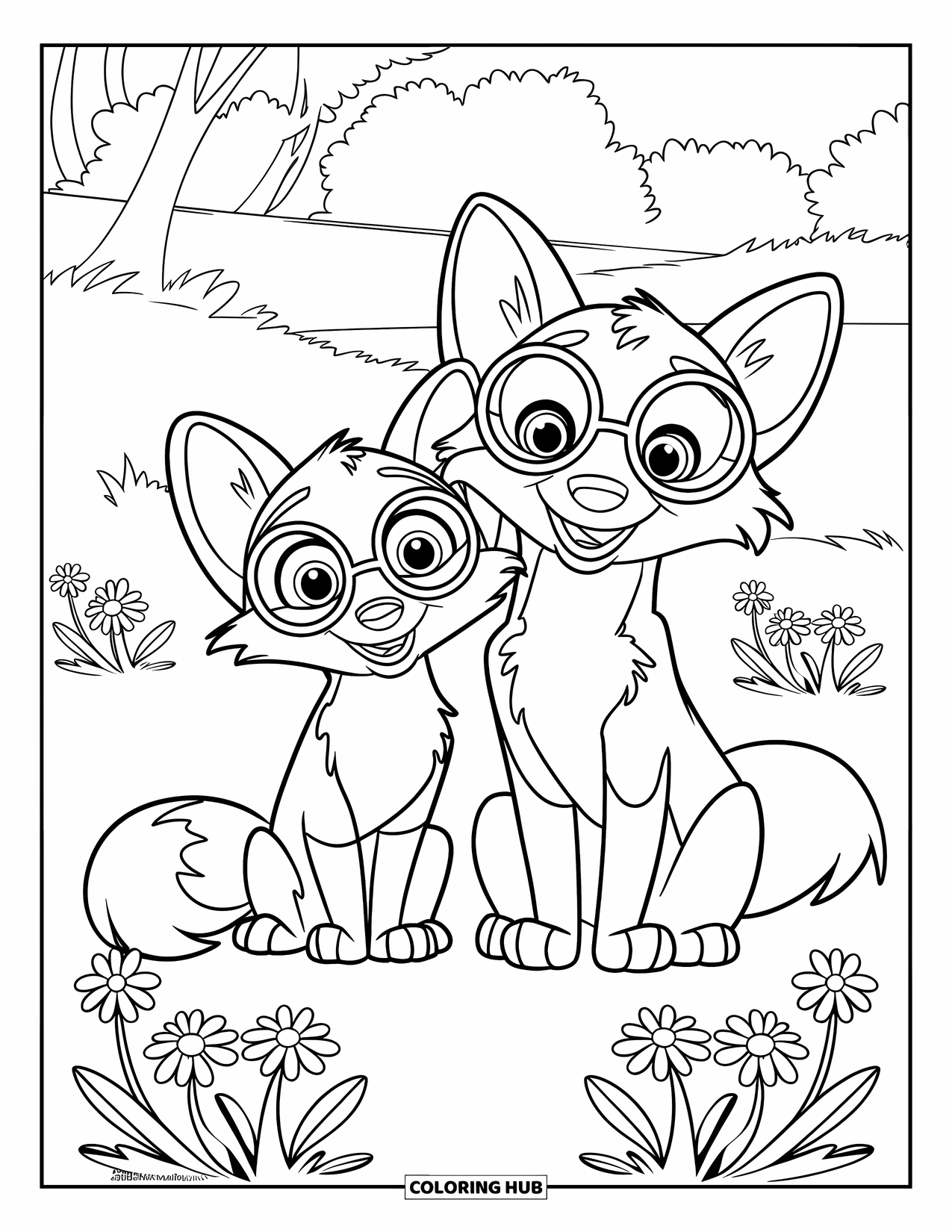 Couple Coloring Page for Kids: A fox couple with glasses sits in a flower-filled field with trees behind them