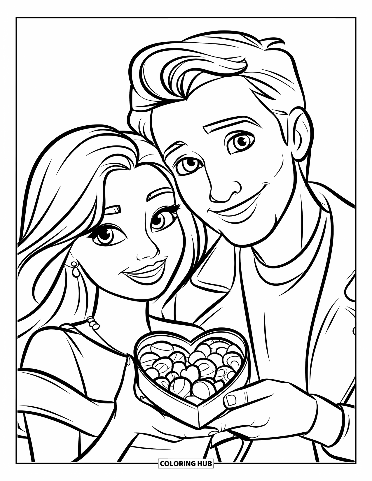 Couple Coloring Page for Kids: A happy couple shares a tiny heart-shaped candy box